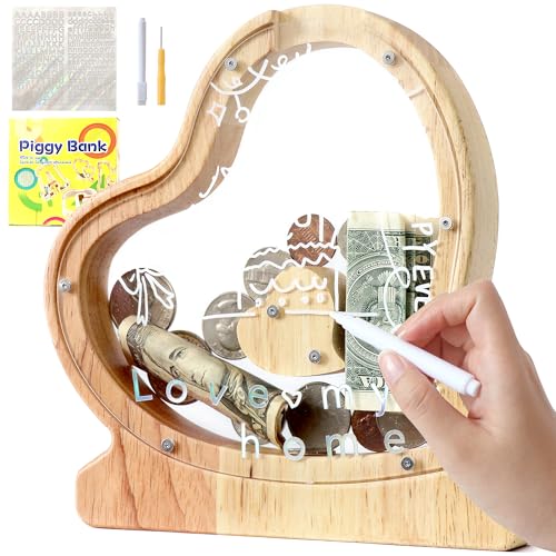 Lakpopya Spardose Kinder Buchstaben aus Holz für A-Z Personalisiert Sparschwein Durchsichtig Alphabet Sparbox, Geschenk Dekoration Taufe für Jungen Mädchen (Herz-1) von Lakpopya