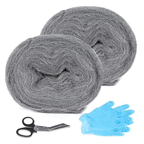 lalago 2PCs *4.6M/100g Stahlwolle Gegen Mäuse, Stahlwolle fein 0000 gegen Nagetier, Stahl Wolle, Löcher Wand Risse Mausefalle Mäuseabwehr mit Arbeitshandschuhen Schere für Haus, Garage und Garten von lalago