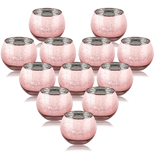 LALAGO Rund Teelichtgläser 12er Set, Gefleckt Teelichthalter Glas,Quecksilberglas Teelichthälter Votivkerzenhalter für Teelicht Deko Weihnachten Tischdeko Hochzeit(Rosa) von lalago