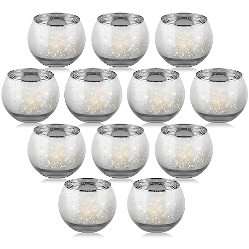 LALAGO Rund Teelichtgläser 12er Set, Gefleckt Teelichthalter Glas,Quecksilberglas Teelichthälter Votivkerzenhalter für Teelicht Deko Weihnachten Tischdeko Hochzeit(Silber) von lalago