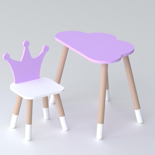 Kinder-Schreibtisch in Wolkenform in Lila und Stuhl in Kroneform Kinder-Schreibtisch in Wolkenform in Lila und Stuhl in Kroneform von Lalakids