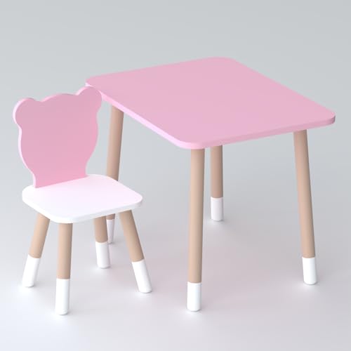 Lalakids EIN rosa rechteckiger Tisch zum Essen, Lernen und Spielen und EIN rosa Kinderstuhl in Teddybärform. von Lalakids