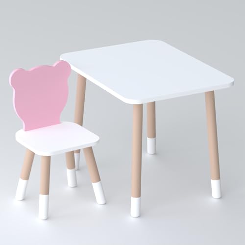 Lalakids EIN weißer rechteckiger Tisch zum Essen, Lernen und Spielen und EIN weiß-rosa Kinderstuhl in Teddybärform von Lalakids