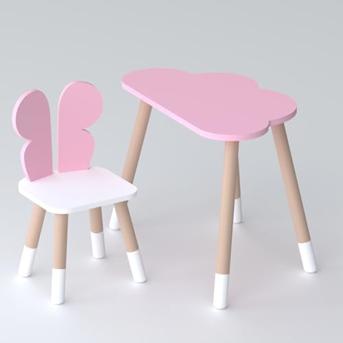Lalakids Kindertisch in Form Einer Wolke und rosa Stuhl in Form eines Schmetterlings mit weißer Sitzfläche von Lalakids