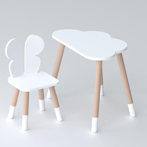Lalakids Kindertisch in Wolkenform und weißer Stuhl in Schmetterlingsform von Lalakids