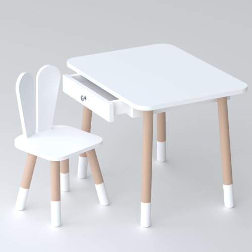 Lalakids Kindertisch mit Schublade und Hasenstuhl – Kinder Sitzgruppe aus Holz – Weiß – Möbel-Set für Mädchen & Jungen von Lalakids