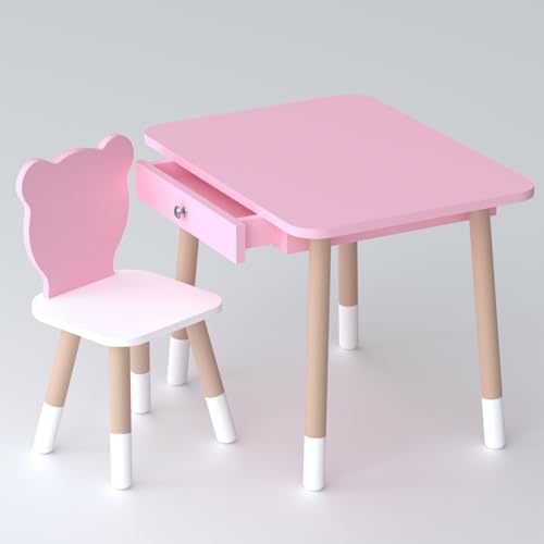 Lalakids Rosa Kindertisch mit Schublade und Stuhl in Form eines rosa Bären von Lalakids