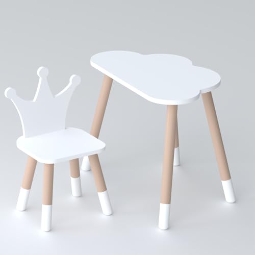 Lalakids Weißer Kindertisch in Wolkenform und weißer Stuhl in Kronenform von Lalakids