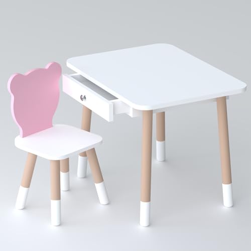 Lalakids Weißer Kindertisch mit Schublade und Stuhl in Form eines rosa Bären Lalakids Weißer Kindertisch mit Schublade und Stuhl in Form eines rosa Bären von Lalakids