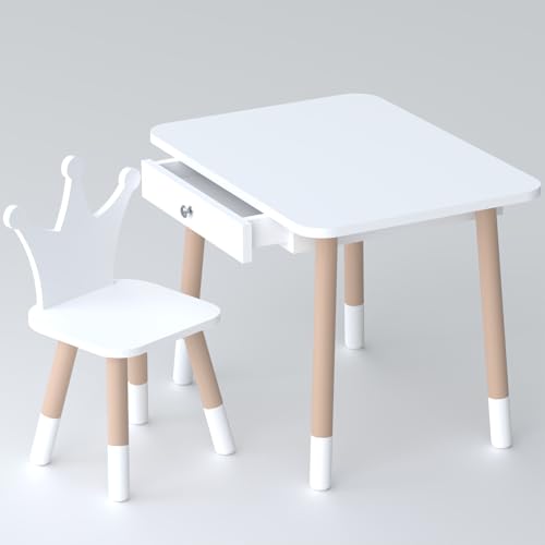Lalakids Weißer Kindertisch mit Schublade und weißem Stuhl in Form Einer Krone von Lalakids
