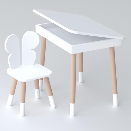 Lalakids Weißer Kindertisch mit Schublade und weißer Stuhl in Schmetterlingsform von Lalakids