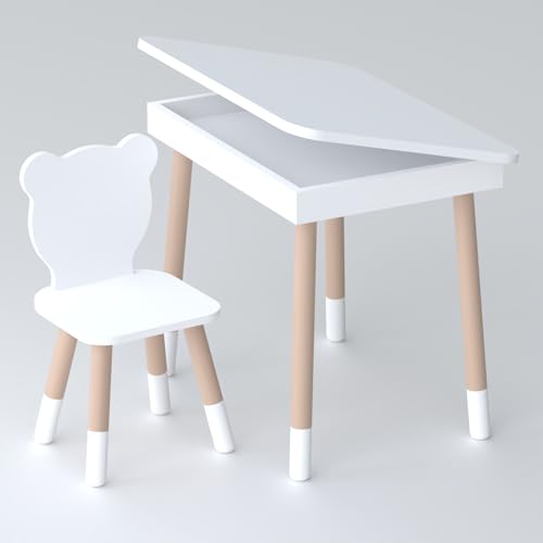 Lalakids Weißer Kindertisch mit klappbarer Tischplatte und weißem Stühlchen in Bärenform von Lalakids