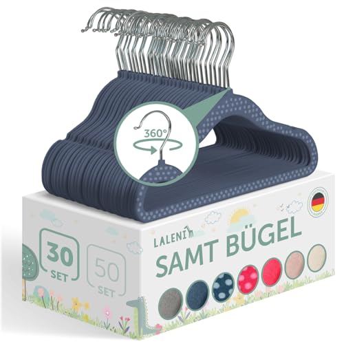 Laleni Kinderkleiderbügel 30 Stück mit Samtbezug - platzsparende Kleiderbügel Kinder - 360° drehbare Kinder Kleiderbügel - rutschfeste Kleiderbügel Kinder samt - Babykleiderbügel Dunkelblau gepunktet von Laleni