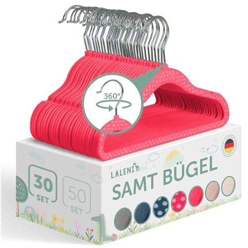 Blumtal 30er-Set Kleiderbügel für Kinder mit Samtbezug - Kinderkleiderbügel platzsparend, Baby Kleiderbügel samt für Kinderkleidung und Babykleidung, 360° drehbar, Pink gepunktet von Laleni