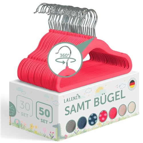 Blumtal 50er-Set Kleiderbügel für Kinder mit Samtbezug - Kinderkleiderbügel platzsparend, Baby Kleiderbügel samt für Kinderkleidung und Babykleidung, 360° drehbar, Pink von Laleni