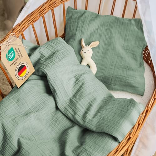 Laleni Baby Bettwäsche 80x80 cm aus Baumwolle - Musselin Bettwäsche Baby 80x80 + Musselin Kissenbezug 35x40 cm - Oeko-TEX zertifizierte Baumwoll Bettwäsche 80x80 - Bettwäsche Grün Baumwolle von Laleni