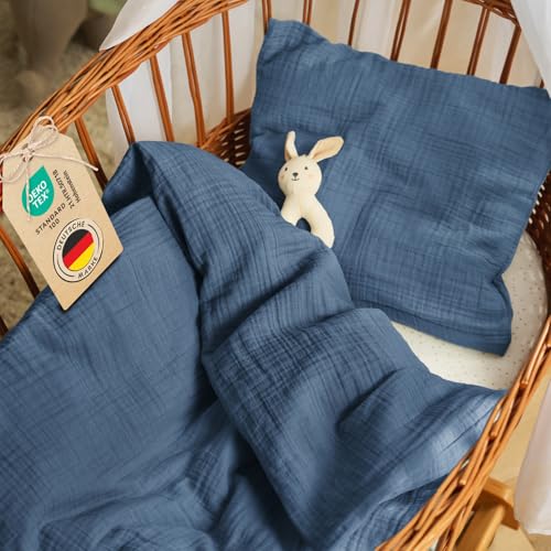 Laleni Baby Bettwäsche 80x80 cm aus Baumwolle - Musselin Bettwäsche Baby 80x80 + Musselin Kissenbezug 35x40 cm - Oeko-TEX zertifizierte Bettwäsche Sommer - Bezug 80x80 Baby im Set in Dunkelblau von Laleni