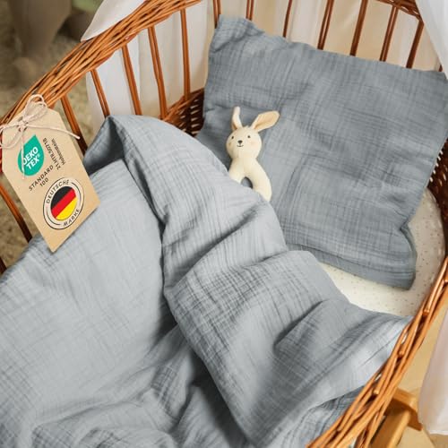 Laleni Baby Bettwäsche 80x80 cm aus Baumwolle - Musselin Bettwäsche Baby 80x80 + Musselin Kissenbezug 35x40 cm - Oeko-TEX zertifizierte Bettwäsche Sommer - Kinderwagen Bettwäsche Blau Baumwolle von Laleni