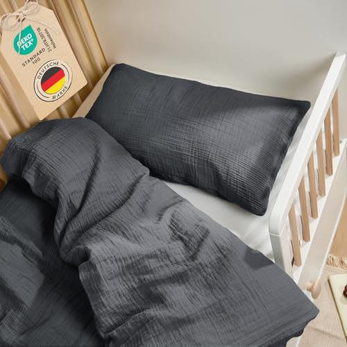Laleni Kinderbettwäsche 100x135 cm aus Baumwolle - Musselin Bettwäsche Kinder 100 x 135 cm + Kissenbezug 40x60 cm - Oeko-TEX zert. Musselin Bettwäsche Baby - Musselin Bettwäsche 100x135 Anthrazit von Laleni