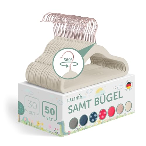 Laleni Kinderkleiderbügel - 50 sensibles protested Kleiderbügel mit Samt Rutschfest - 360° drehbare - Rosegold & Elfenbein von Laleni