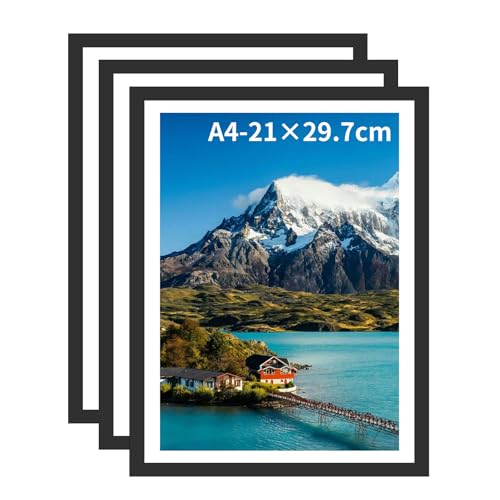 Bilderrahmen A4, Versatile Bilderrahmen Holz Schwarz mit Passepartout Halterungen und Wandhaken für Fotos, Bilder, Poster für Wandhalterung und Tischständer (Schwarz, A4(21x29.7cm)*3) von Lalieffacely