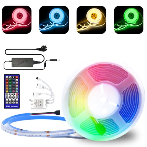 24V COB LED Streifen 5M RGBW Dimmbar mit Fernbedienung und Netzteil COB LED Stripe RGB+Warmweiß 3000K LED Band, Hohe Dichte 784LEDs/M, Flexibel LED Stripe keine Lichtpunkte für Hause, Zimmer, Bar, TV von Lam(MS)pen