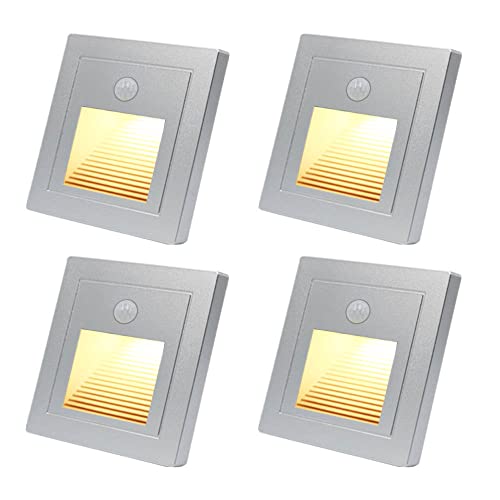 4x 1,5W LED Treppenlicht mit bewegungsmelder Warmweiß 3000K LED Wandeinbauleuchte Wandeinbaustrahler Silber Stufenlicht Lampe Treppenbeleuchtung für 60mm Runde, 86mm Eckig Unterputzdose 230V für Innen von Lam(MS)pen