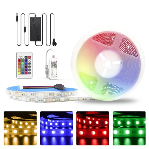 5M WiFi RGBW LED Streifen 24V Wasserdicht IP65, LED Strip RGB+Warmweiß 3000K dimmbar mit Controller und Netzteil, 60LEDs/m Farbwechsel LED Band für Innen Außen, Kompatibel mit APP Alexa, Google home von Lam(MS)pen