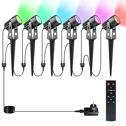 Lam(MS)pen 6er Gartenleuchte LED Gartenstrahler RGBW COB mit Fernbedienung Timer, LED Gartenleuchte RGB+Warmweiß 3000K mit Erdspieß IP65 Wasserdicht 12V 20W Alu Gartenlampe für Außen Garten Rasen von Lam(MS)pen