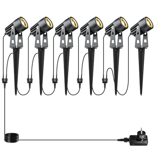 Lam(MS)pen 6er Gartenleuchte LED Gartenstrahler Warmweiß COB Alu LED Gartenleuchtung mit Erdspieß Gartenlampe 12V 20W IP65 Wasserdicht Wegbeleuchtung 14,5m Kabel mit Strom für Außen Garten Rasen Baum von Lam(MS)pen
