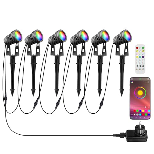 6er Gartenleuchte LED Gartenstrahler RGBW mit Bluetooth APP Timer, LED Gartenbeleuchtung RGB+Warmweiß COB mit Erdspieß mit Fernbedienung Gartenlampe IP65 Wasserdicht 12V 20W für Außen Garten Rasen von Lam(MS)pen