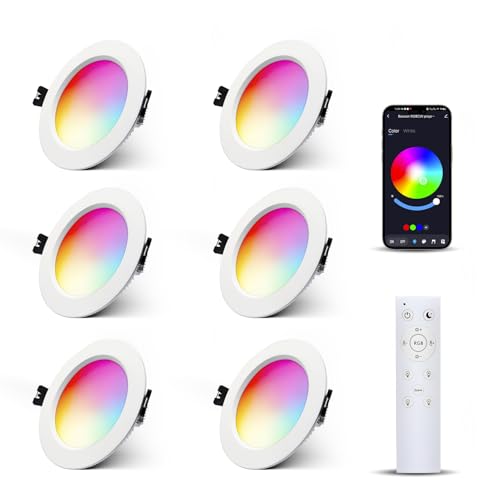 6er LED Einbaustrahler RGBW Dimmbar 10W mit Fernbedienung, Einbauleuchten Bluetooth APP Farbwechsel RGB+Warmweiß +Kaltweiß Deckenstrahler, Rund LED Downlight 230V für Wohnzimmer, Schlafzimmer von Lam(MS)pen