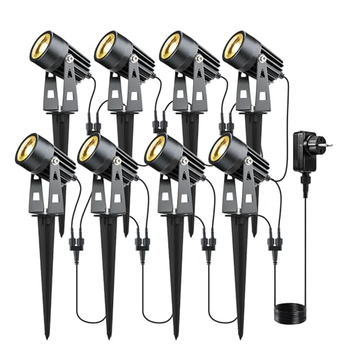 Lam(MS)pen 8er Gartenleuchte LED Gartenstrahler Warmweiß COB LED Gartenleuchtung mit Erdspieß Aluminium Gartenlampe für Außen Garten Rasen Baum, 12V 24W IP65 Wasserdicht mit Strom von Lam(MS)pen