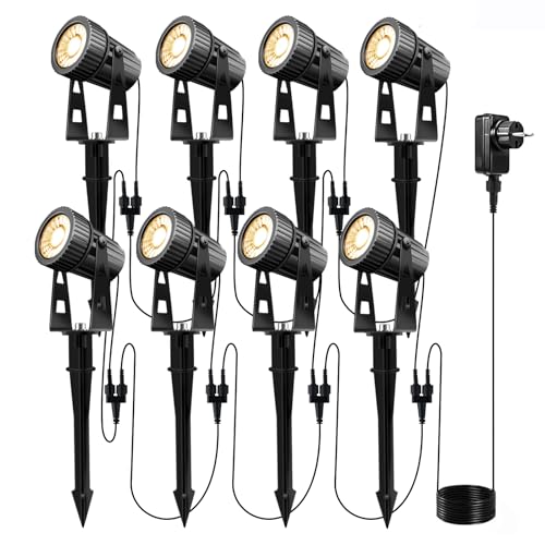 Lam(MS)pen Gartenleuchte LED Gartenstrahler Warmweiß COB LED Gartenleuchtung mit Erdspieß Gartenlampe für Außen Garten Rasen Baum, 12V 20W Alu IP65 Wasserdicht (8er /Warmweiß) von Lam(MS)pen