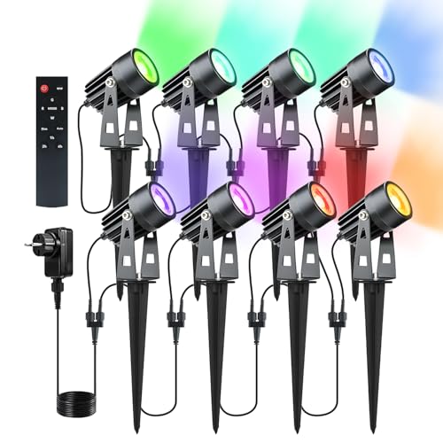 Lam(MS)pen 8er Gartenleuchte LED Gartenstrahler RGB+Warmweiß COB mit Fernbedienung Timer, LED Gartenleuchte RGBW mit Erdspieß IP65 Wasserdicht 12V 24W Alu Gartenlampe für Außen Garten Rasen von Lam(MS)pen