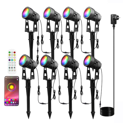 8er LED Gartenstrahler RGBW mit Bluetooth APP Timer, LED Gartenleuchte RGB+Warmweiß COB LED Gartenbeleuchtung mit Erdspieß mit Fernbedienung Gartenlampe IP65 Wasserdicht 12V 24W für Außen Garten Rasen von Lam(MS)pen