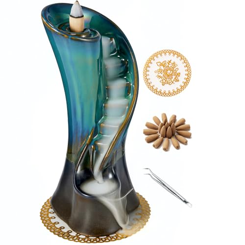 LAMDAWN Unique Cloud Stairs Keramik-Räucherstäbchenhalter, gepaart mit einer Packung Rückfluss-Räucherkegel (blau) von LamDawn
