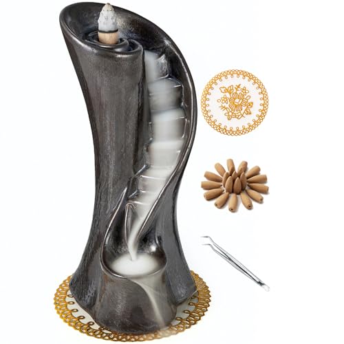 LAMDAWN Unique Cloud Stairs Räucherstäbchenhalter aus Keramik, Wasserfall, gepaart mit einer Packung Rückfluss-Räucherkegel (Metallic) von LamDawn