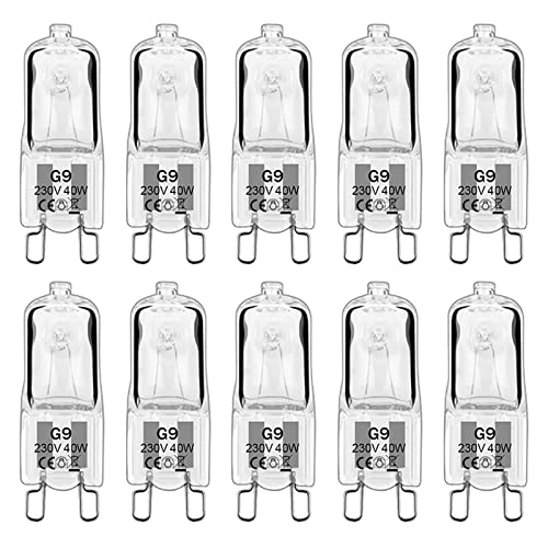 Lamkrtlp 10er Pack G9 Halogen Leuchtmittel, G9 Halogenlampen 40W 230V 2800K Dimmbare G9 Halogen Glühbirnen für Backofenlampe, Deckenleuchten, Leuchter [Energieklasse F] von Lamkrtlp