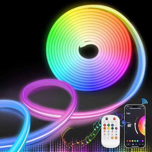 Lamomo LED Strip RGB 5m, Neon Led Streifen APP Steuerung, 12V Wasserdichte Flexible Neon Led Lights, Musik Sync Led Lichtband für Wohnzimmer,Schlafzimmer（Netzadapter nicht enthalten） von Lamomo