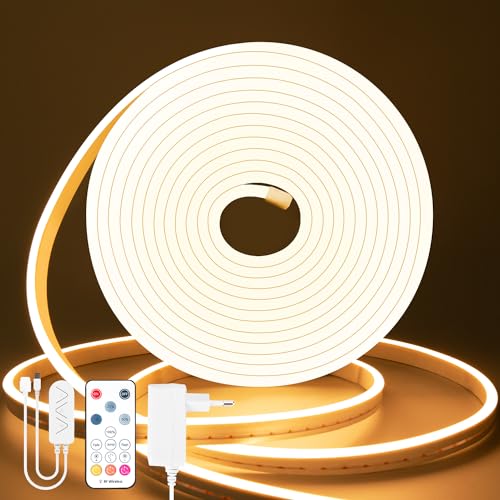 Lamomo LED Strip 5M Warmweiss, 12V Dimmbar Neon LED Streifen, 3000K Wasserdicht Led Leiste, Silikon DIY Flexibel Lichtleiste mit Netzteil und IR Fernbedienung für Innen Aussenbereich Heim Küche Deko… von Lamomo