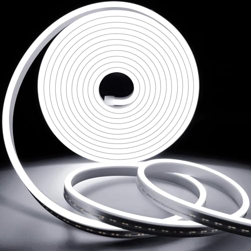 Lamomo LED Strip Weiß, 12V Dimmbar Neon LED Streifen, 5M Wasserdicht 6000K LED Lichtband, Silikon DIY Flexibel Lichtleiste mit Netzteil und Controller für Innen Aussenbereich Heim Küche Deko von Lamomo