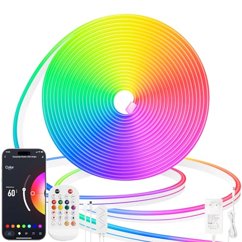 Lamomo Neon LED Strip 5m RGB, IP65 Waterproof Flexible Bluetooth Compatible, 12V Colour Changing Dimmable Light Strip for Outdoor with Remote Control, Silicone DIY Led Lichtband for Bedroom Decoration von Lamomo