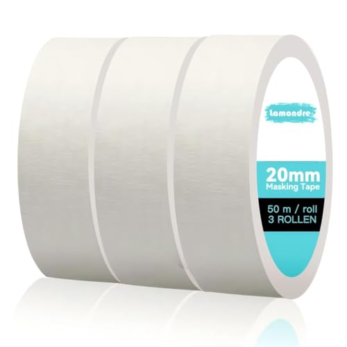 Lamondre Kreppband 3 Rollen 50 m x 20 mm Premium Universell Malerband, Malerkrepp Abklebeband für Malerei, Dekoration, Abdeckfolie bei Malerarbeiten, Rückstandfrei ablösbar von Lamondre