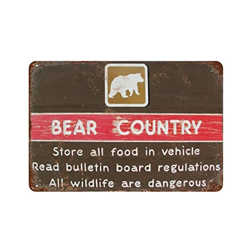 Blechschild mit Vintage-Zitat "Bear Country,store all food in vehicle read bulletin board regulations all wildlife are dangerous retro rusty look warning plaque painting outdoor decor 5.5x8 von Lampart