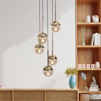 Moderne Gold-Leuchter Mit Bernsteinfarbenen Glaskugeln 5 Lichter Wohnzimmer Deckenbeleuchtung Luxuriöse Pendelleuchte Für Anspruchsvolle Innenräume von LampelDesign