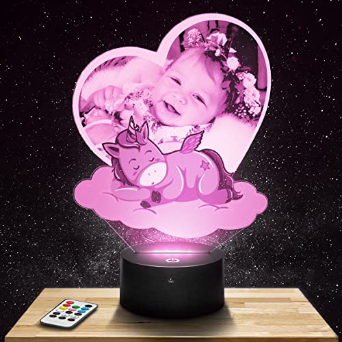 Lampephoto.fr Personalisierte Nachtlicht LED Einhorn herz für kinder mit foto. Geschenk mädchen Nachtlicht 7/16 farben touch dimmbar Kinderzimmer Deko Geschenke mädchen nachtlampe von Lampephoto.fr