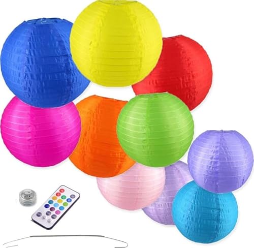 10 x Nylon Lampions - Bunte Farbe Mix - Inkl. LED mit Fernbedienung - Inkl. Haken von Lampion-Lampionnen