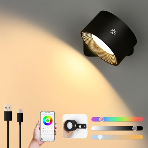 Lampop APP Wandleuchte Innen Akku LED Wandleuchte Kabellos Dimmbar Wandlampe Ohne Stromanschluss 360° Drehbar Wandlampe Touch Steuerung Einstellbare Helligkeit und Farbe RGB Version Schwarz von Lampop