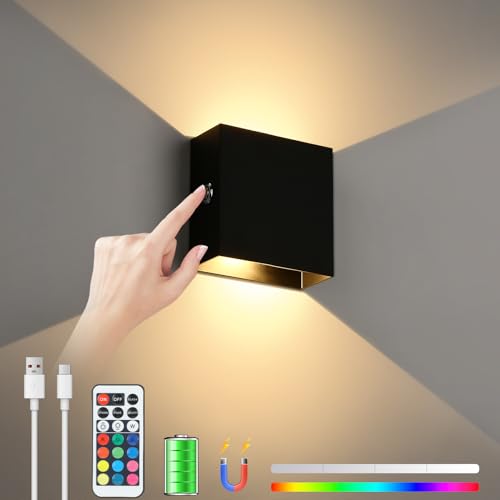 Lampop LED Wandleuchten Innen Batteriebetrieben Dimmbare Wandleuchte Aufladbar USB mit Touch Control Up Down Wandlampe Akku Alumm Wandleuchten für Schlafzimmer Wohnzimmer Fernbedienung RGB Schwarz von Lampop